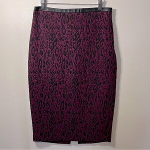 NWT‎ Express Purple and Black Leopard Pencil Midi Skirt Vegan Leather Trim